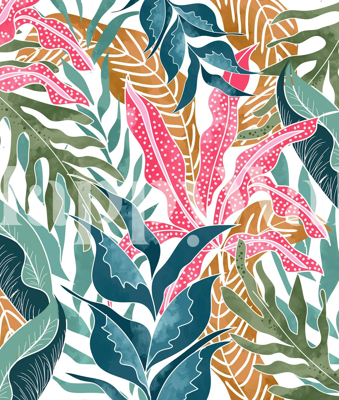 Tropical botanical wallpaper featuring colorful leaves in green, pink, and blue.