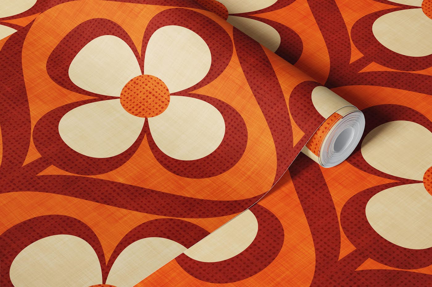 Mid Century Modern Floral Orange and Red wallpaper roll