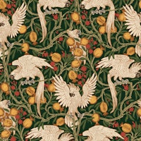 Cockatoo and Pomegranate in pine green wallpaper