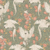 Cockatoo and Pomegranate in sage green wallpaper