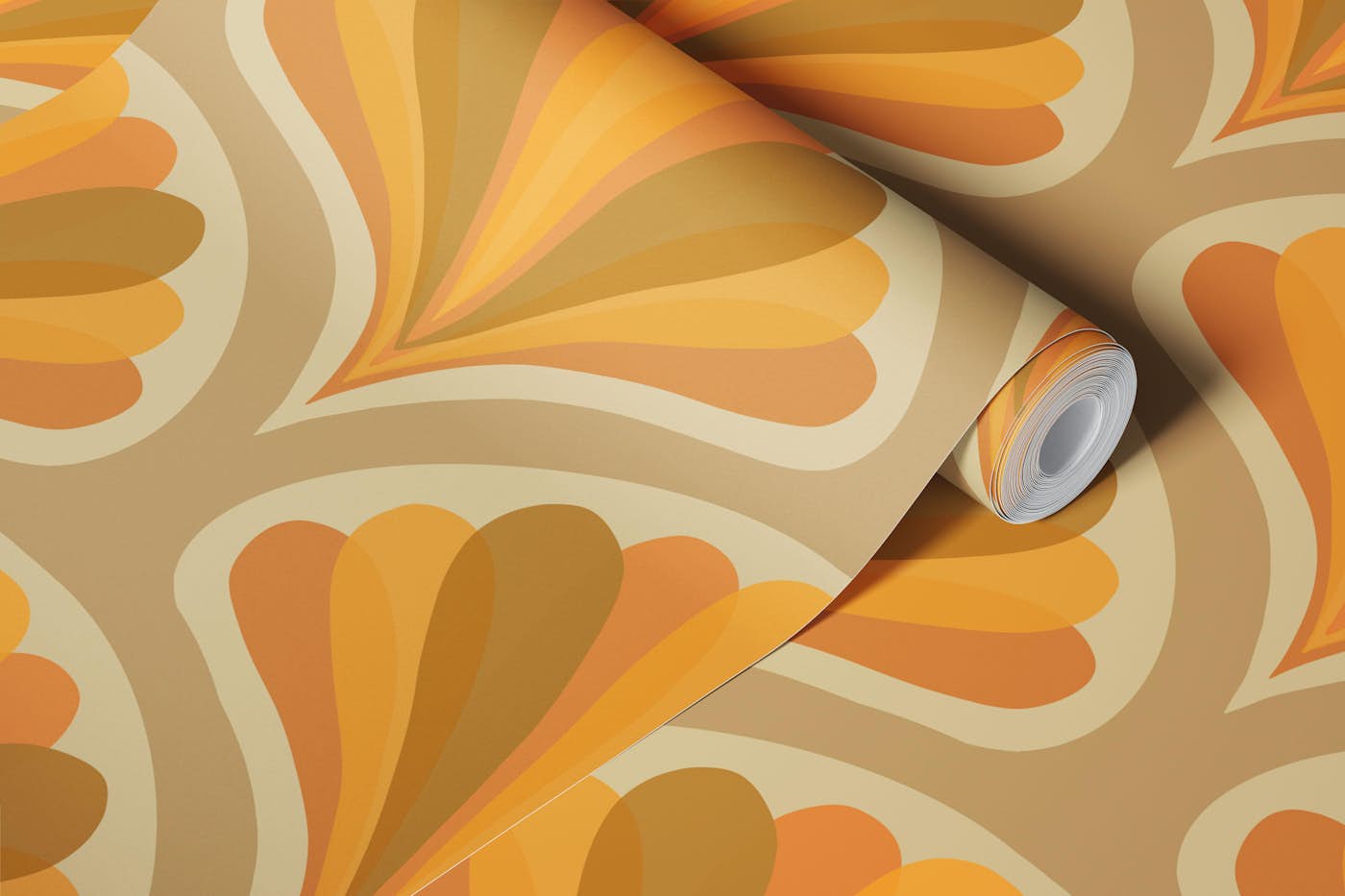 Midcentury Scallop Blossom Beige Brown small wallpaper roll