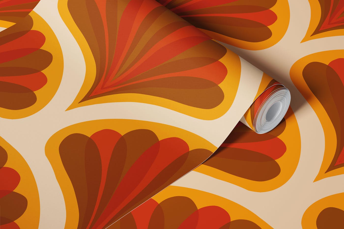 Midcentury Scallop Blossom Beige Orange Small wallpaper roll