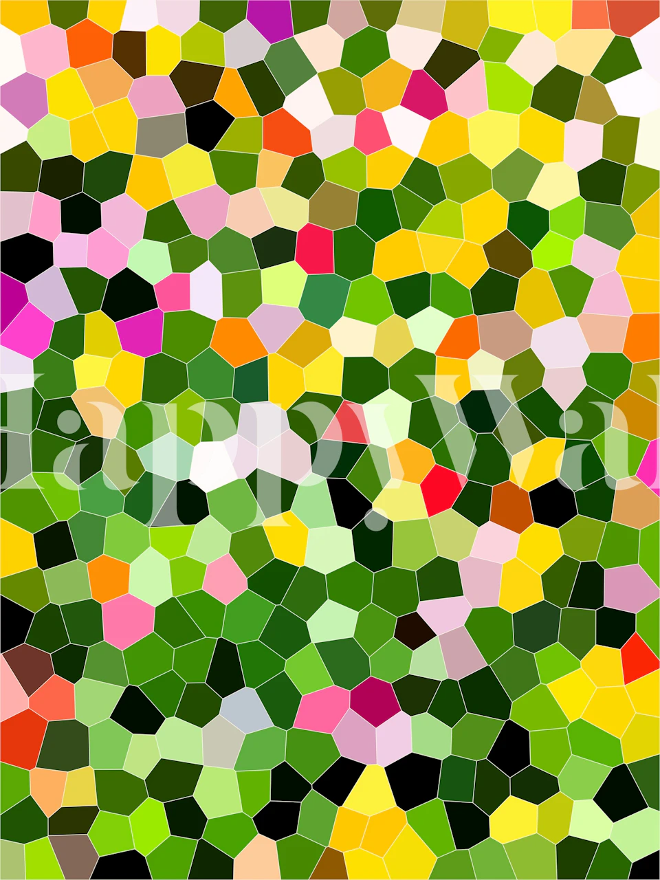 Colorful geometric mosaic pattern wallpaper with green, pink, yellow, and orange hues