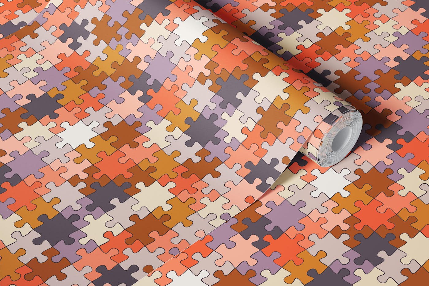 Jigsaw puzzle in yellow and plum wallpaper roll