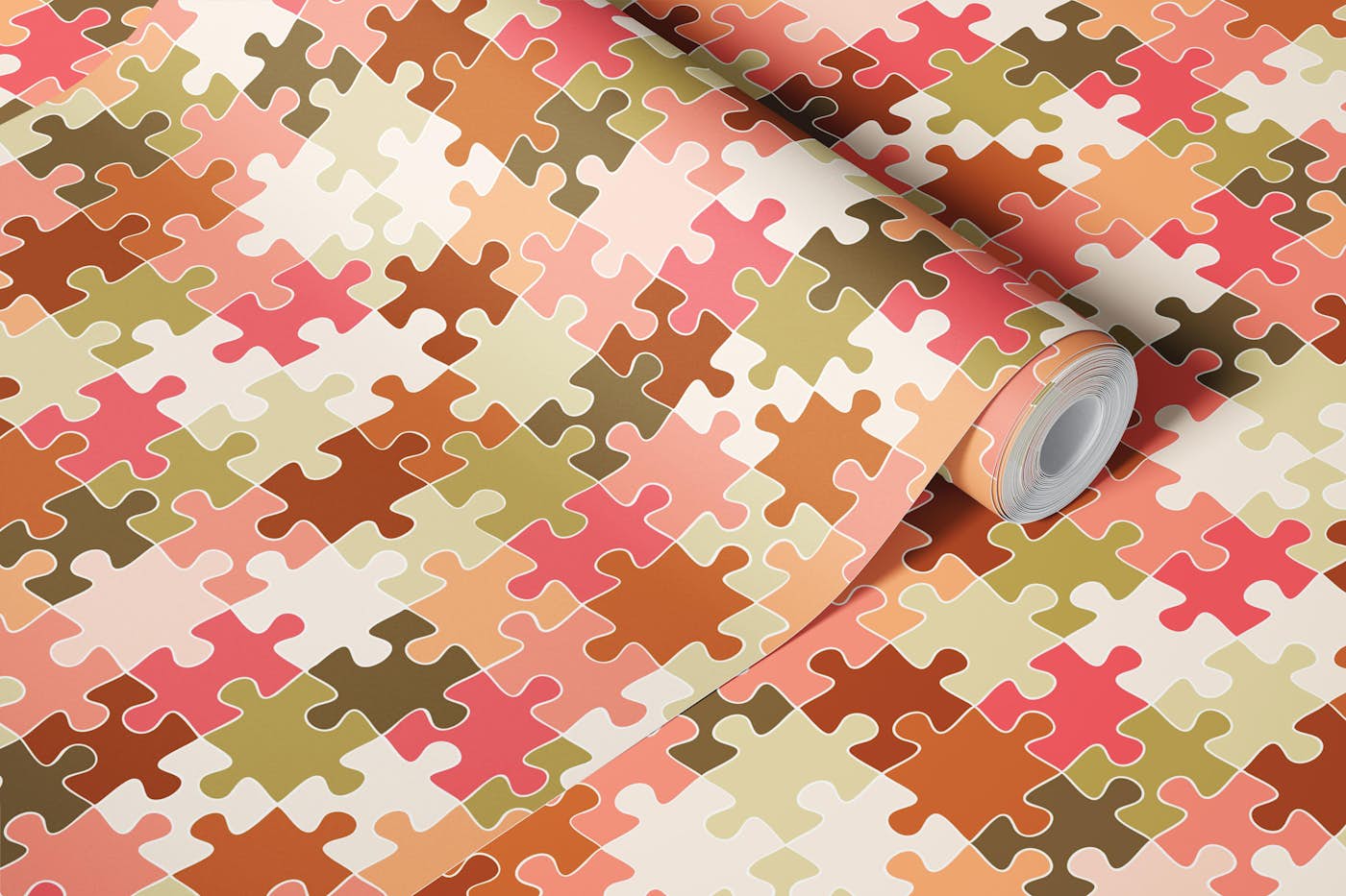 Jigsaw puzzle in pink and green wallpaper roll