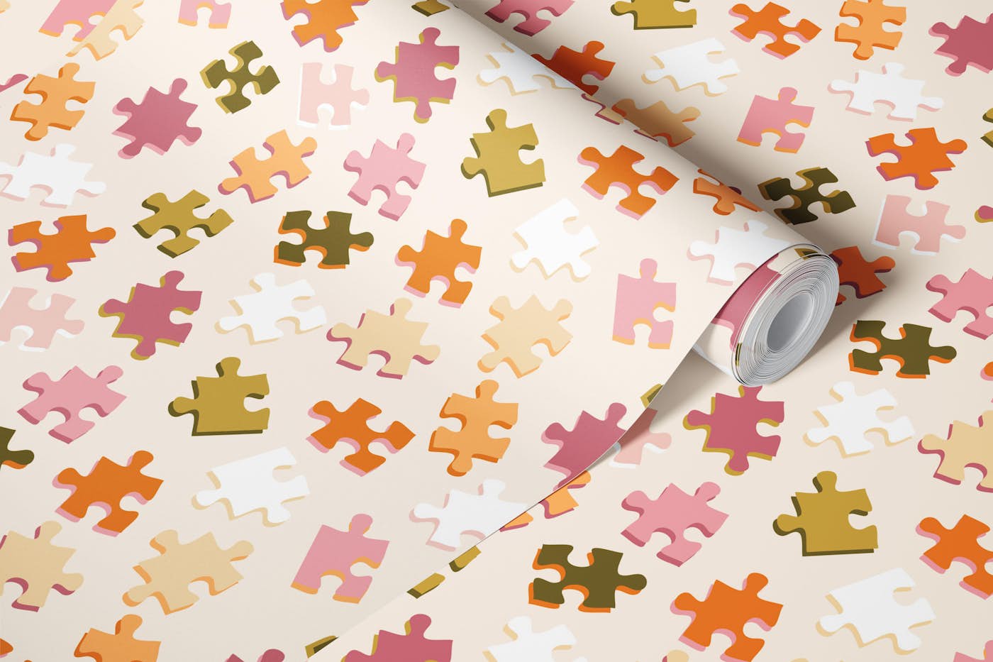 Puzzle pieces in pink and peach wallpaper roll