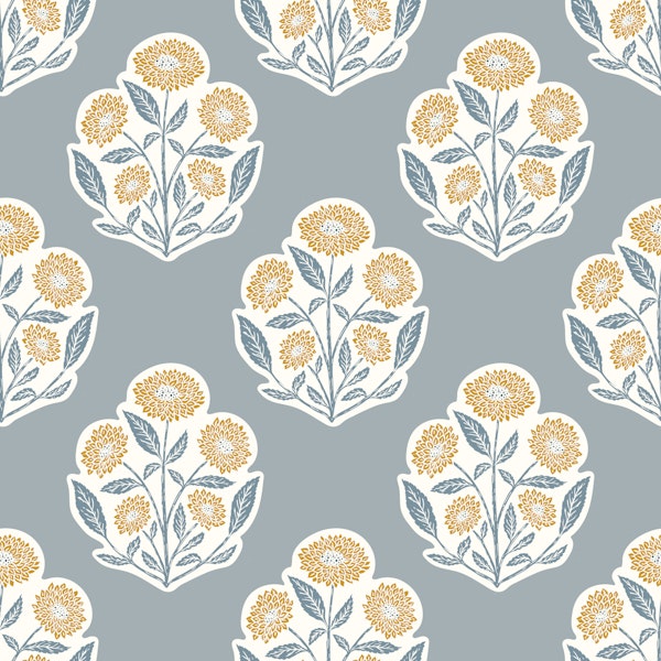 Block print Dahlias in blue