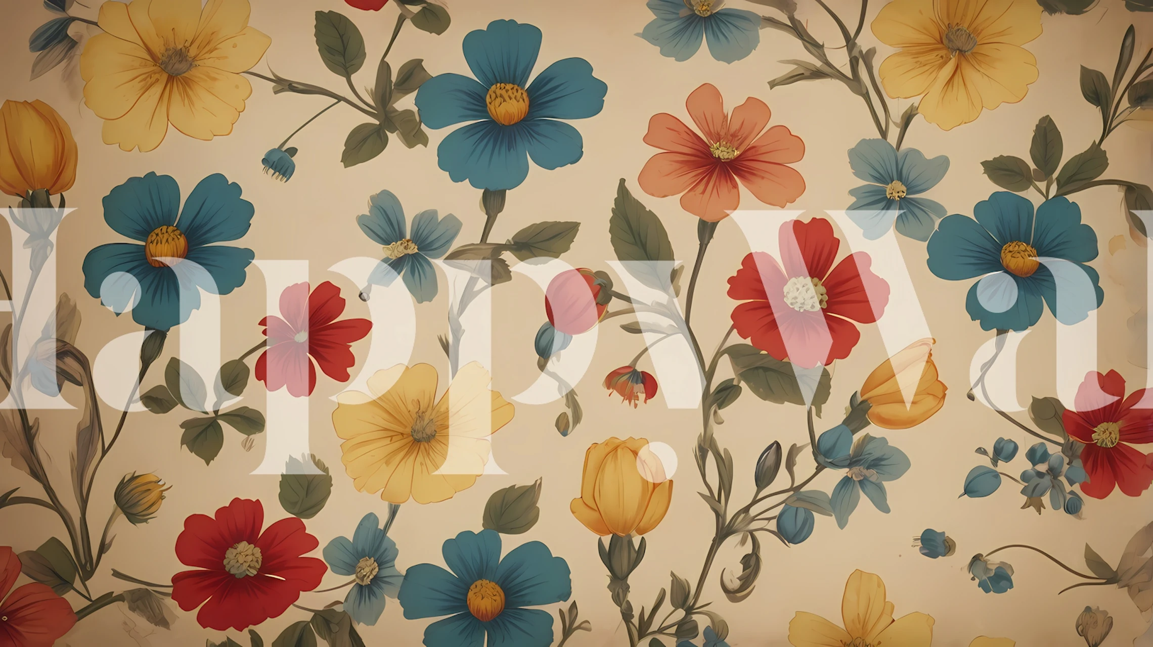 Retro floral wallpaper in blue, red, yellow flowers on beige background