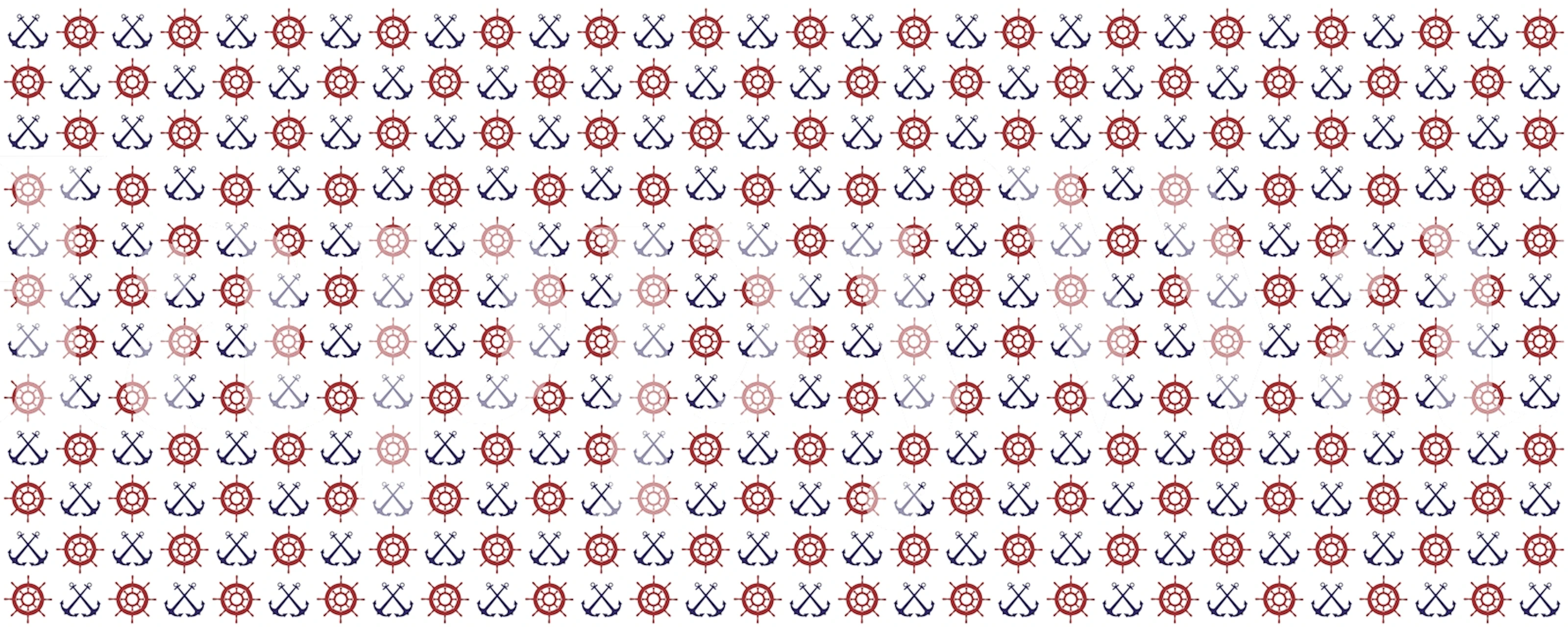 Nautical-themed wallpaper with red ship wheels and blue anchors pattern