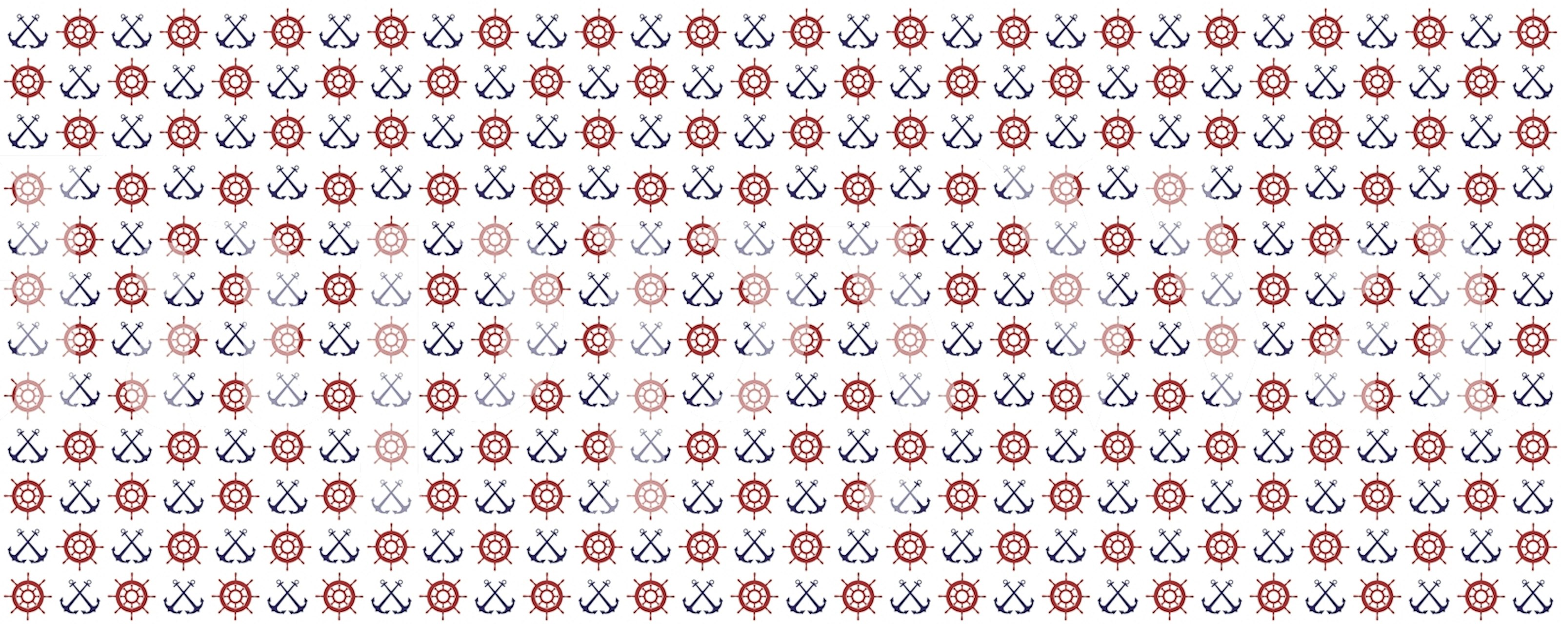 Nautical-themed wallpaper with red ship wheels and blue anchors pattern