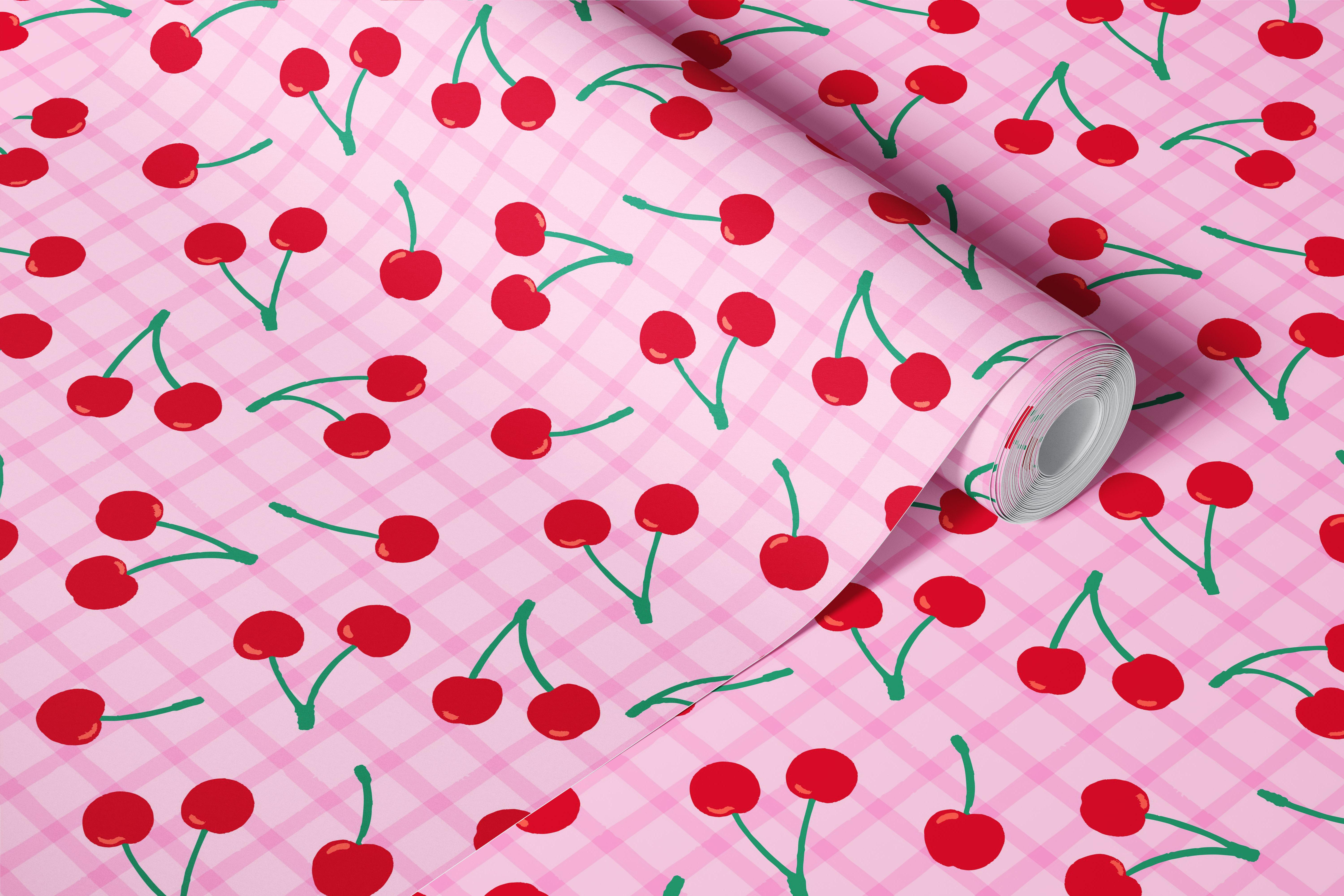 Pink gingham pattern wallpaper with red cherries