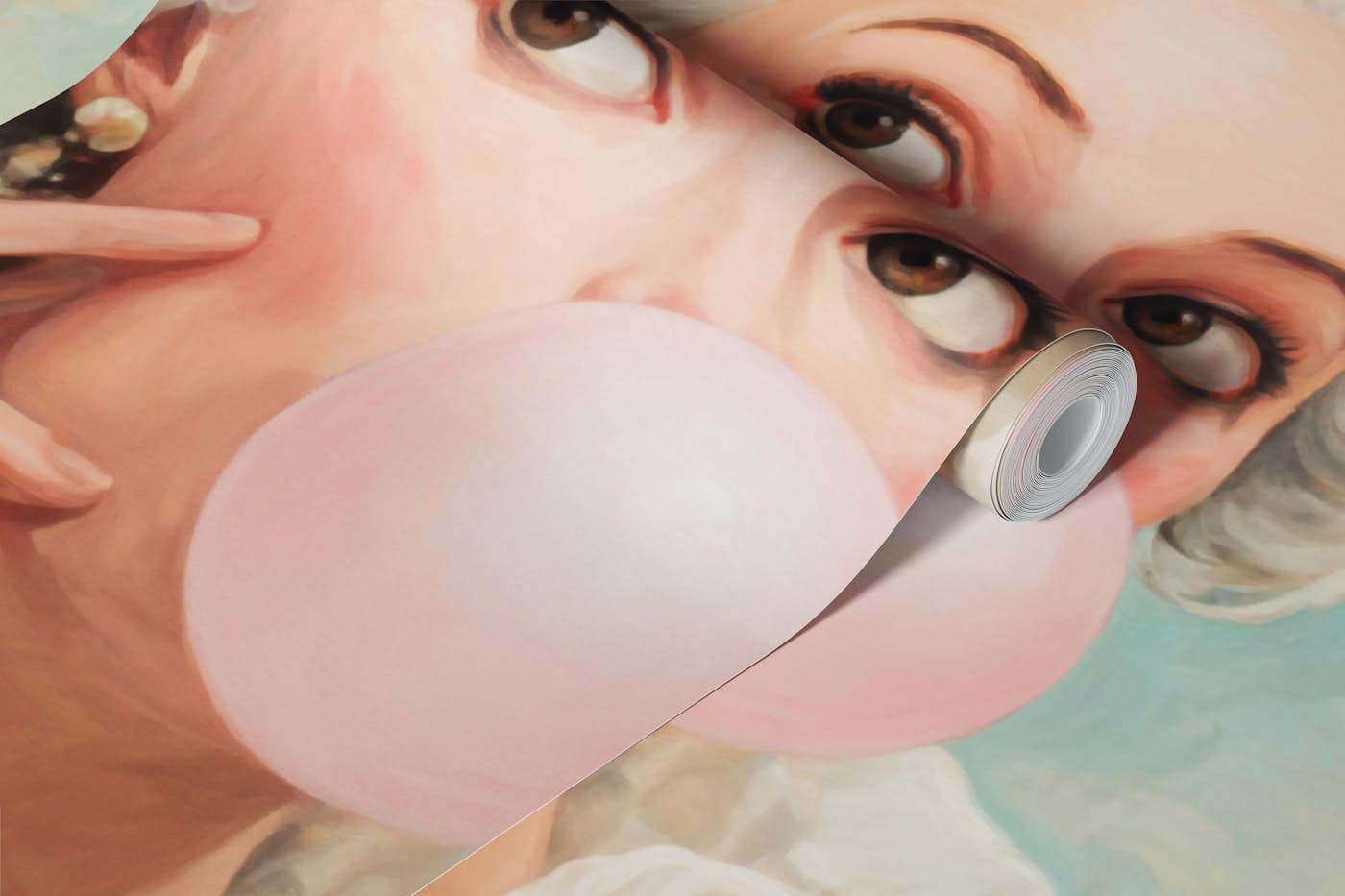 Madame Pompadur Blowing Pink Bubble Gum wallpaper roll