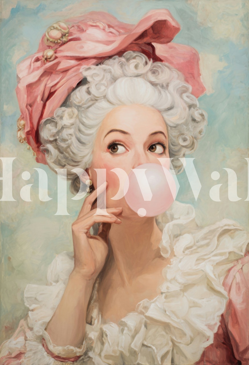 Portrait of a woman blowing pink bubble gum, soft colors wallpaper