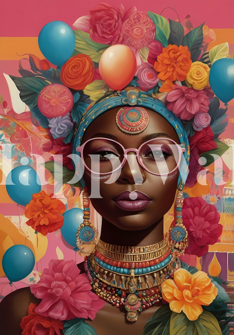 Colorful floral portrait of a woman with vibrant flowers and balloons wallpaper