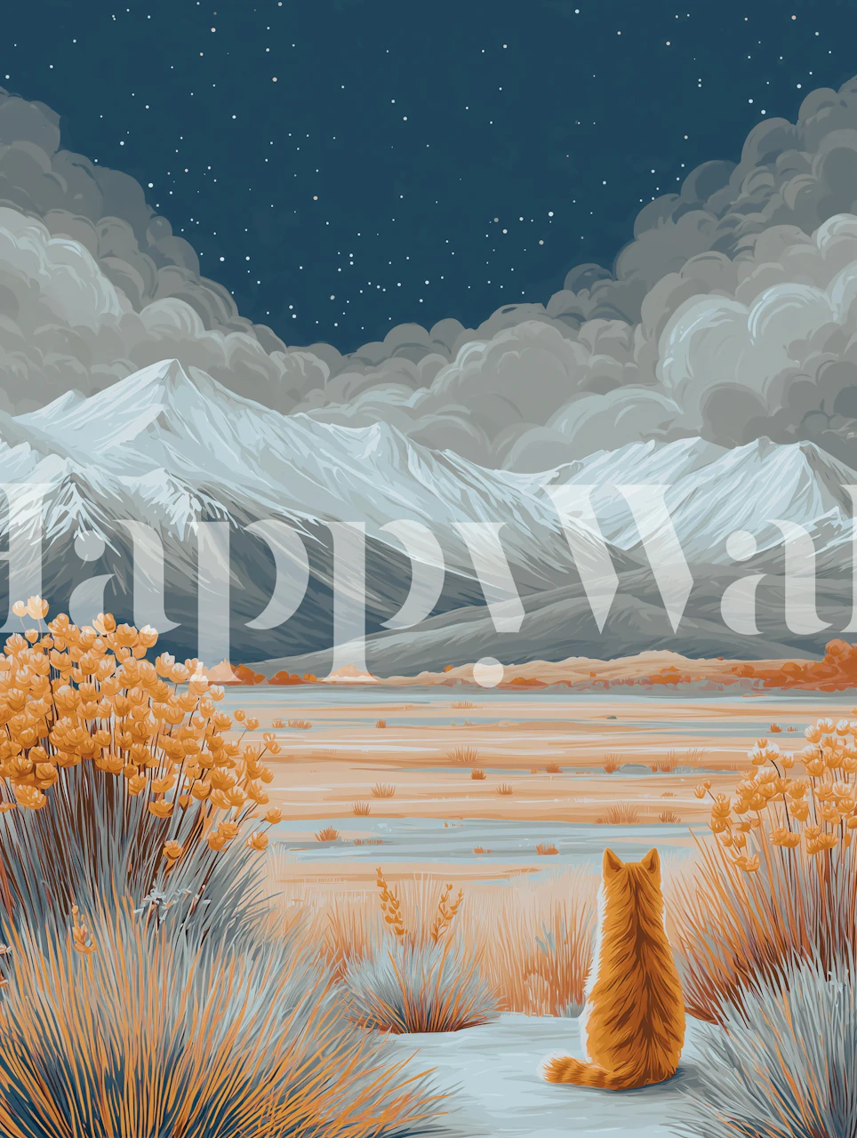 Orange cat watching mountain scenery under a starry night sky wallpaper