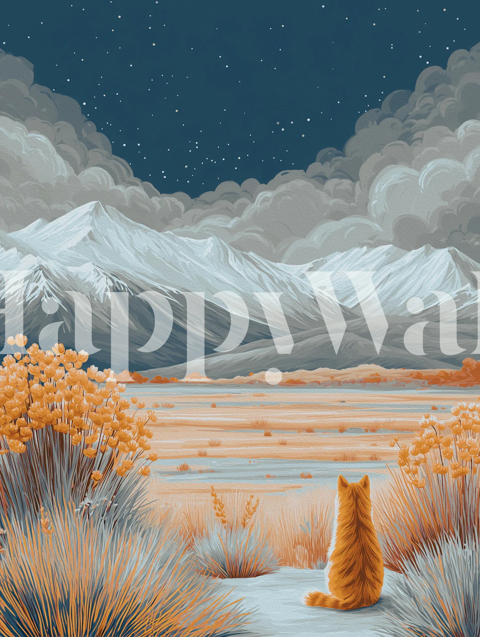 Orange cat watching mountain scenery under a starry night sky wallpaper