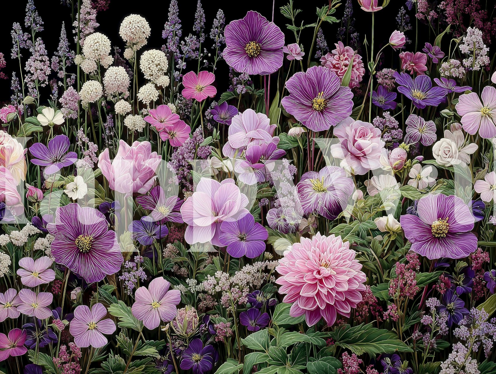 Purple floral wallpaper featuring various flowers in shades of purple and pink