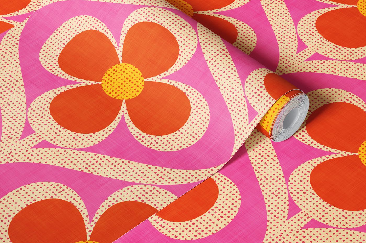 Orange and Pink Floral Retro Abstract Flowers wallpaper roll