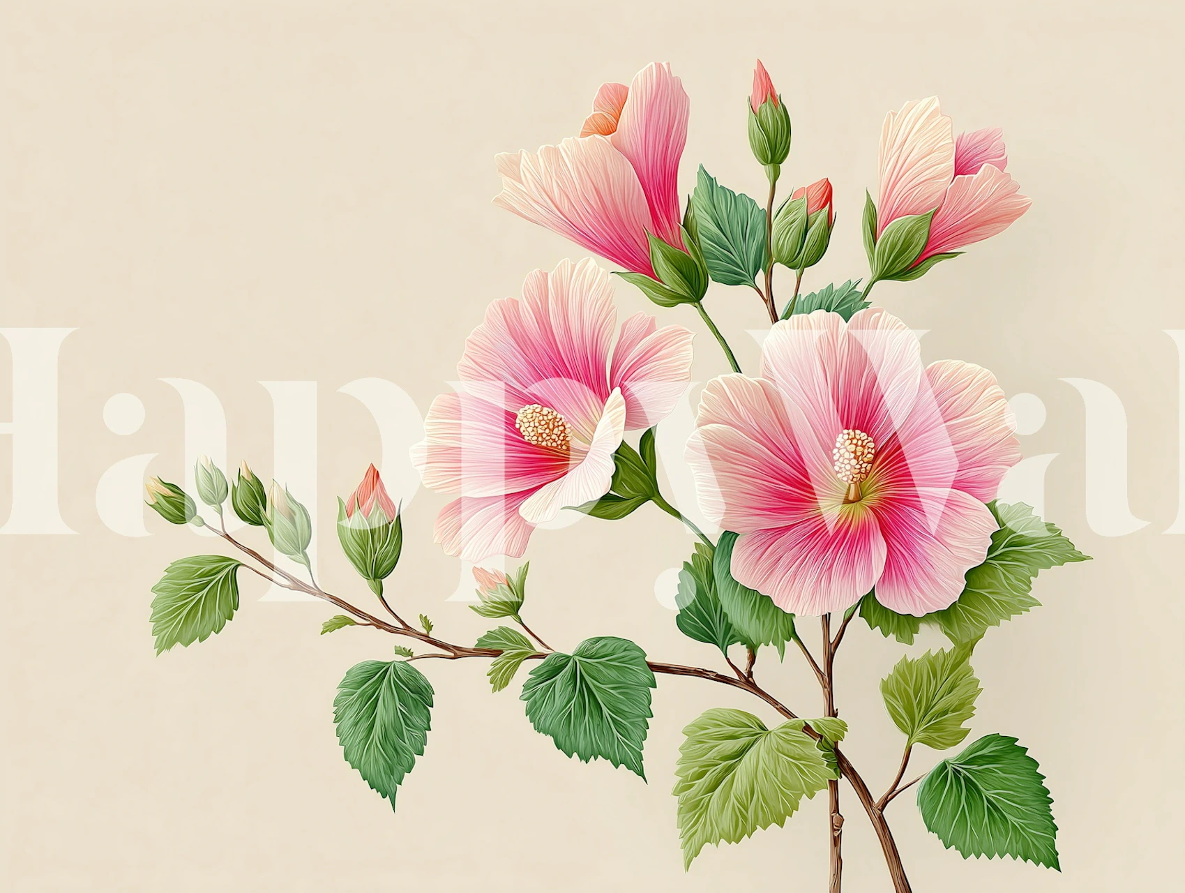 Blossoming hibiscus wallpaper in a room setting