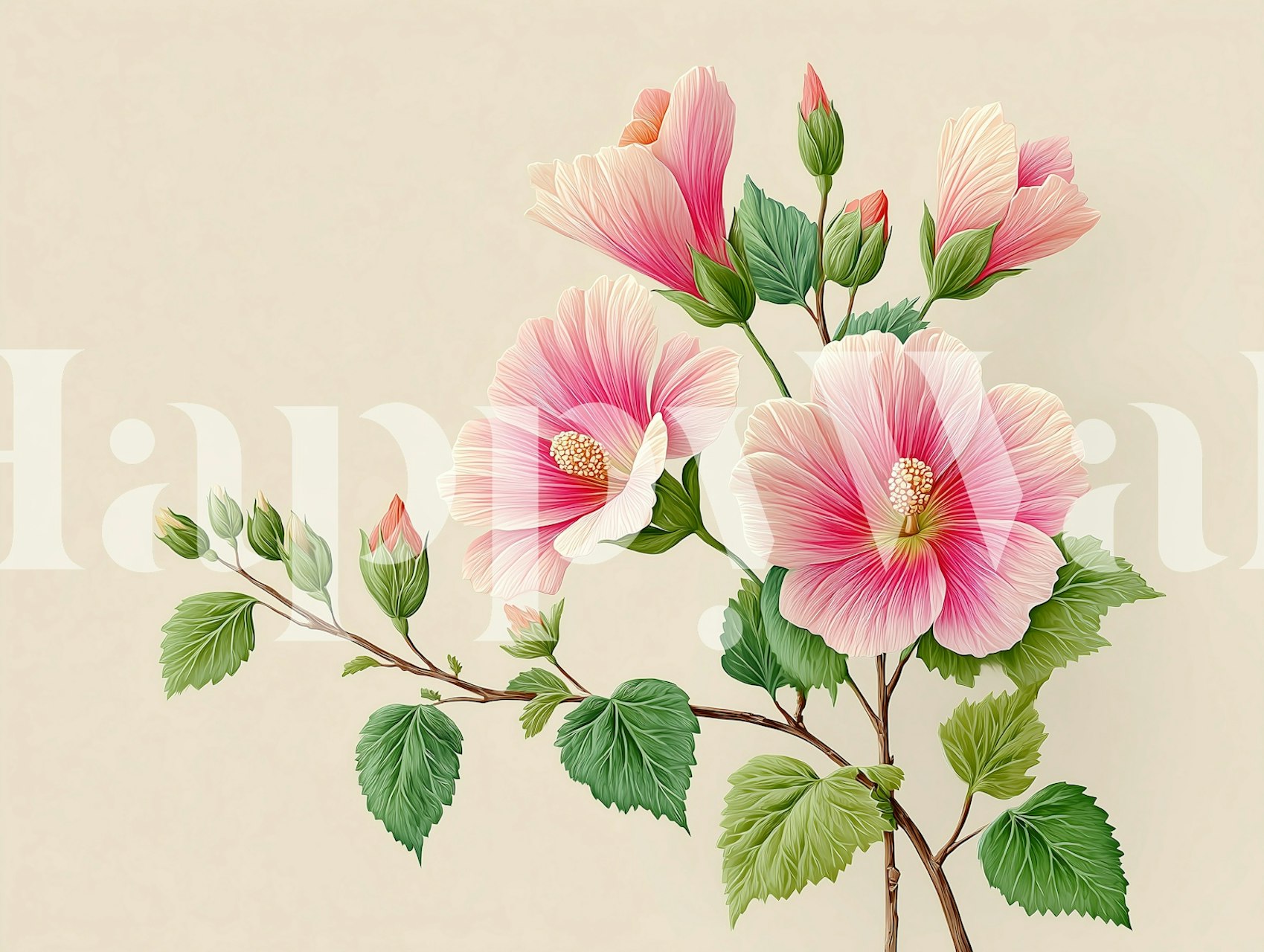 Blossoming hibiscus wallpaper in a room setting