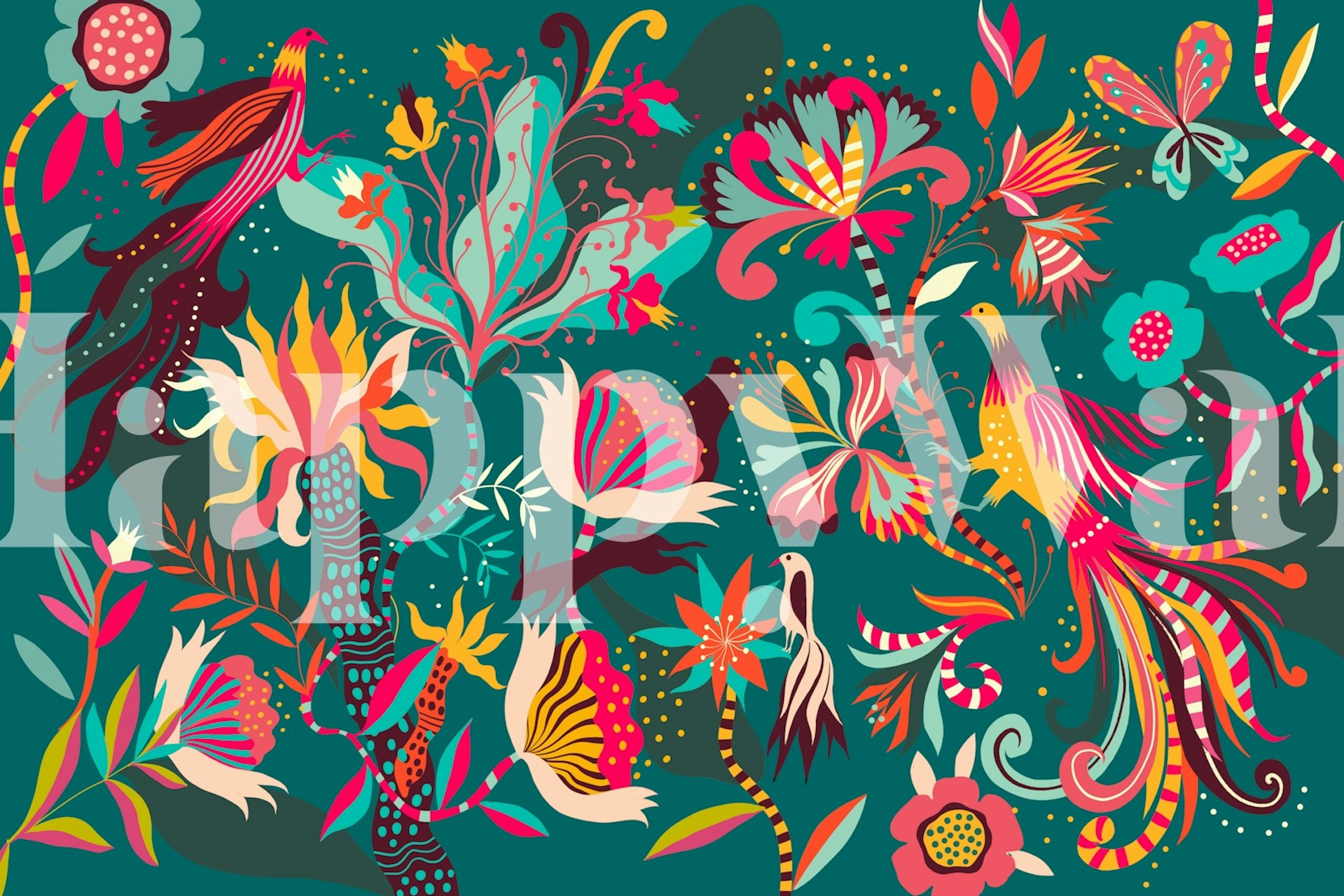 Tropical flowers and birds in vibrant colors on teal background wallpaper
