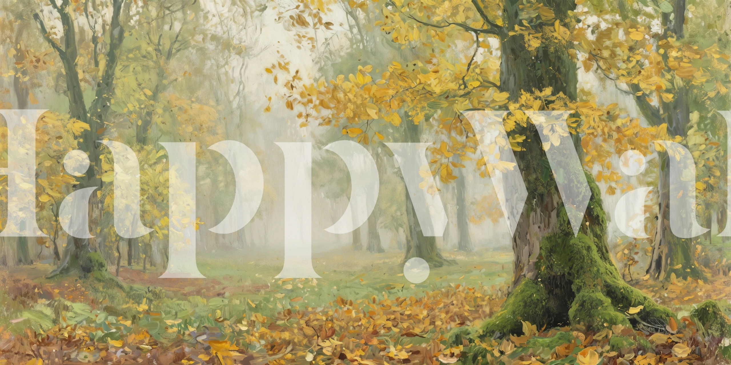 Golden autumn forest with trees and fallen leaves wallpaper