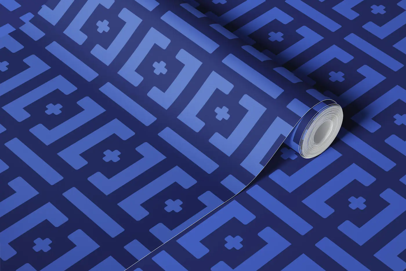 Retro geometric brickwork bold navy blues wallpaper roll