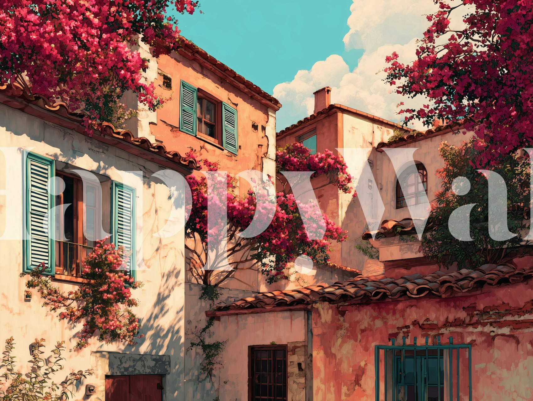 Bougainvillea flowers on buildings with turquoise shutters wallpaper