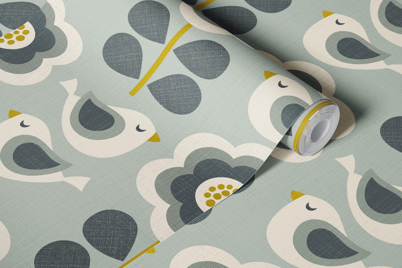 retro birds and blooms - blue-gray wallpaper roll