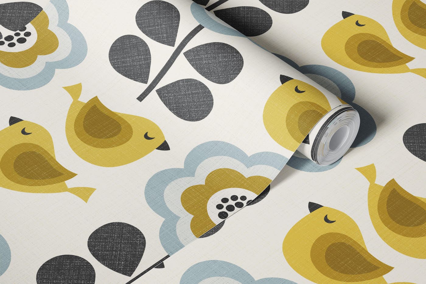 retro birds and blooms - dusty blue and green wallpaper roll