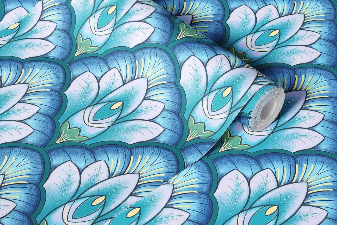 Art Deco Lotus in Blue wallpaper roll