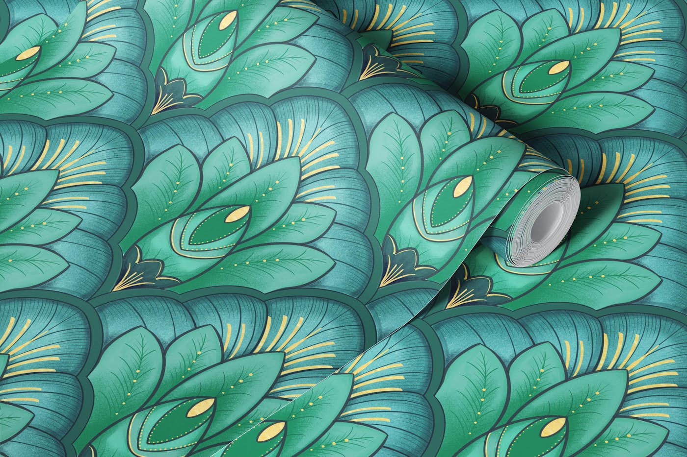 Art Deco Lotus in Green Lake wallpaper roll