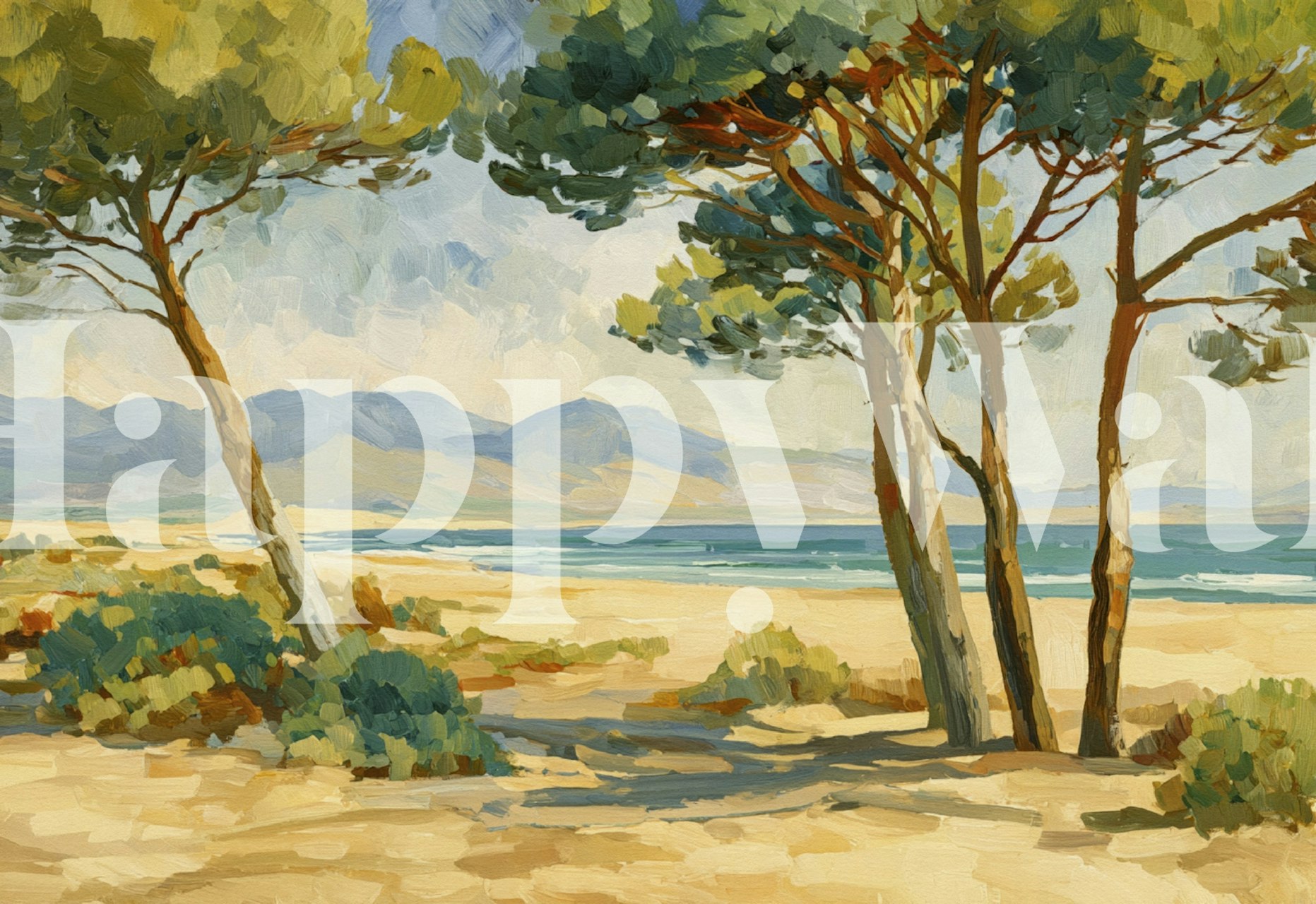 Mediterranean Pines by the Sea Wallpaper in a room