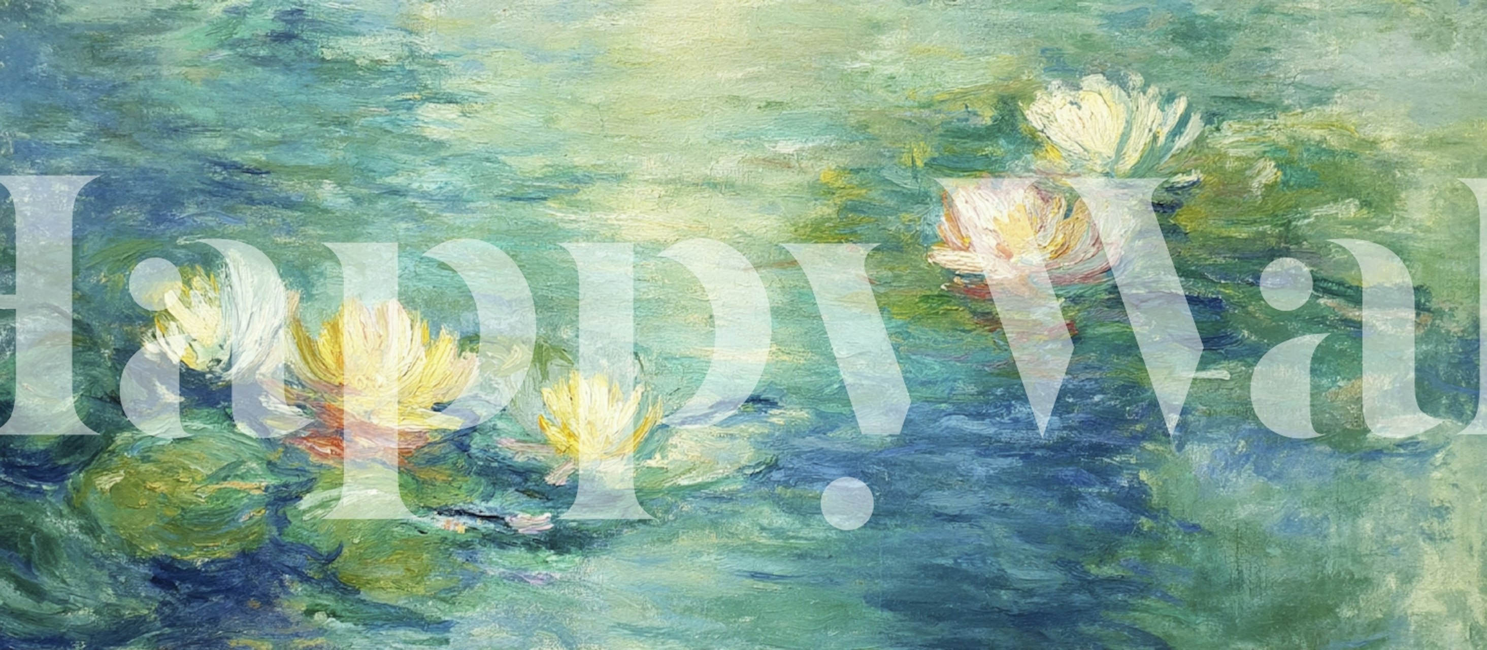 Water lilies floating on a blue-green pond, impressionist style wallpaper