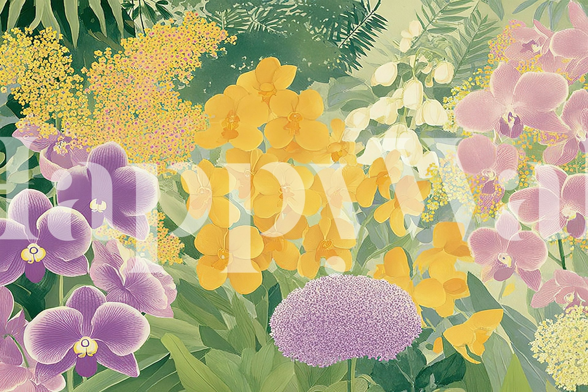 Colorful yellow and purple orchids with green foliage wallpaper