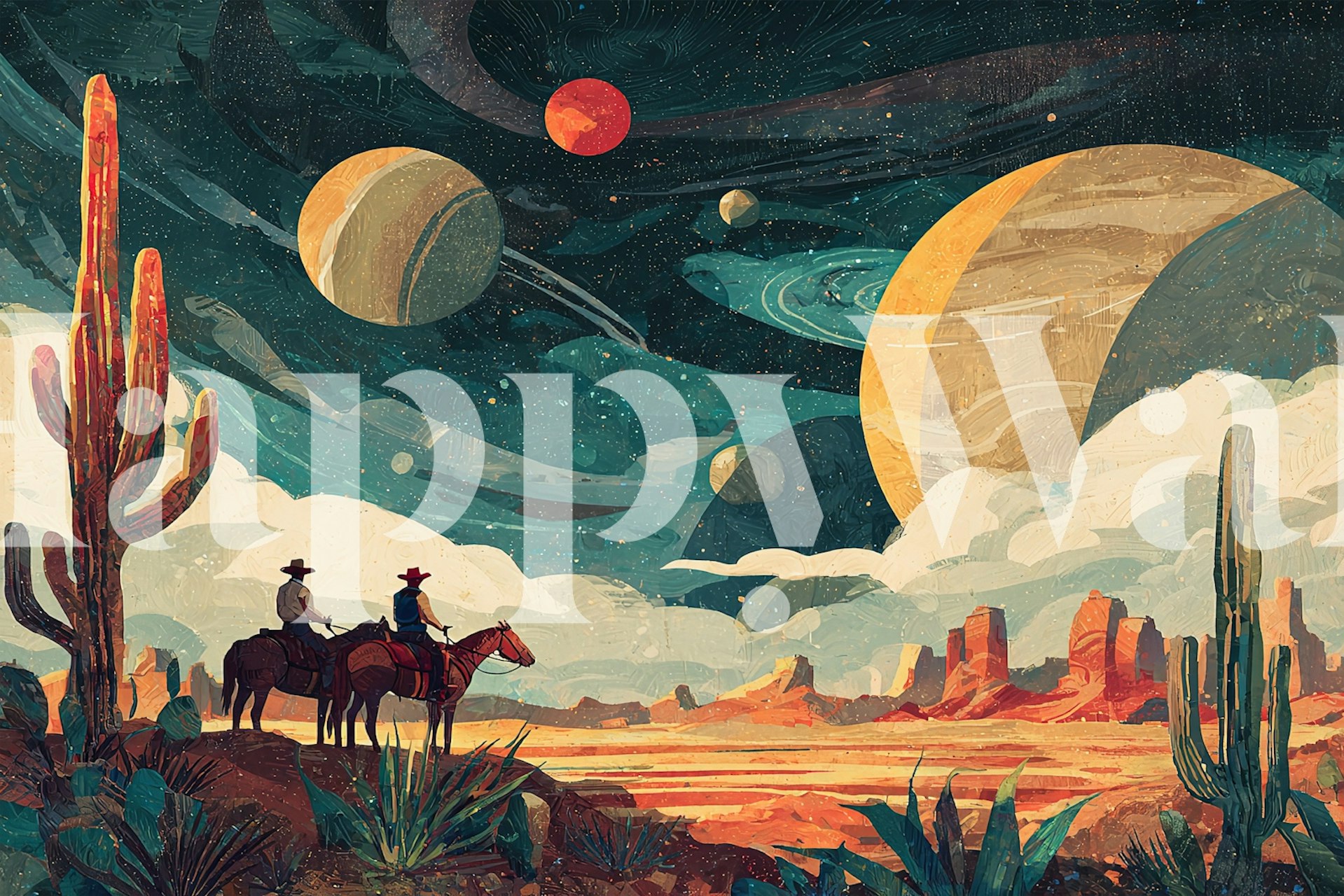 Cowboys on horses in desert with planets and stars wallpaper