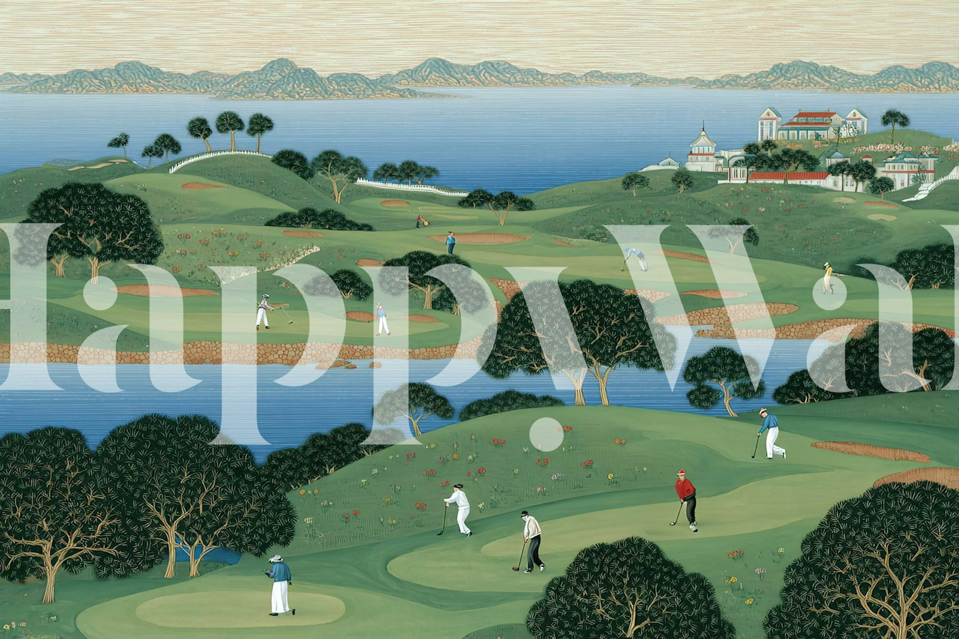 Golfers on a vibrant green landscape with hills and water wallpaper