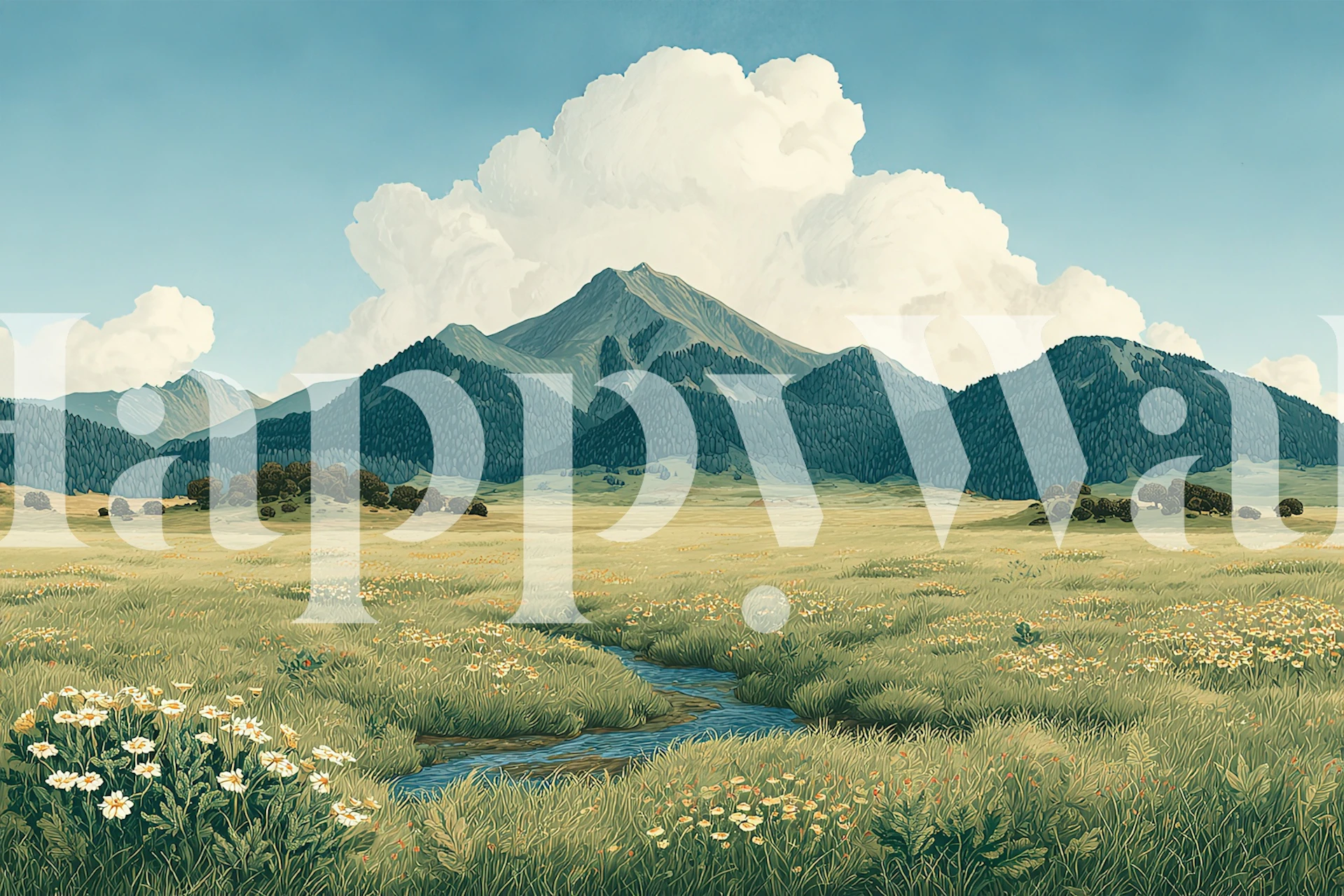 Mountain landscape with clouds and meadow flowers wallpaper
