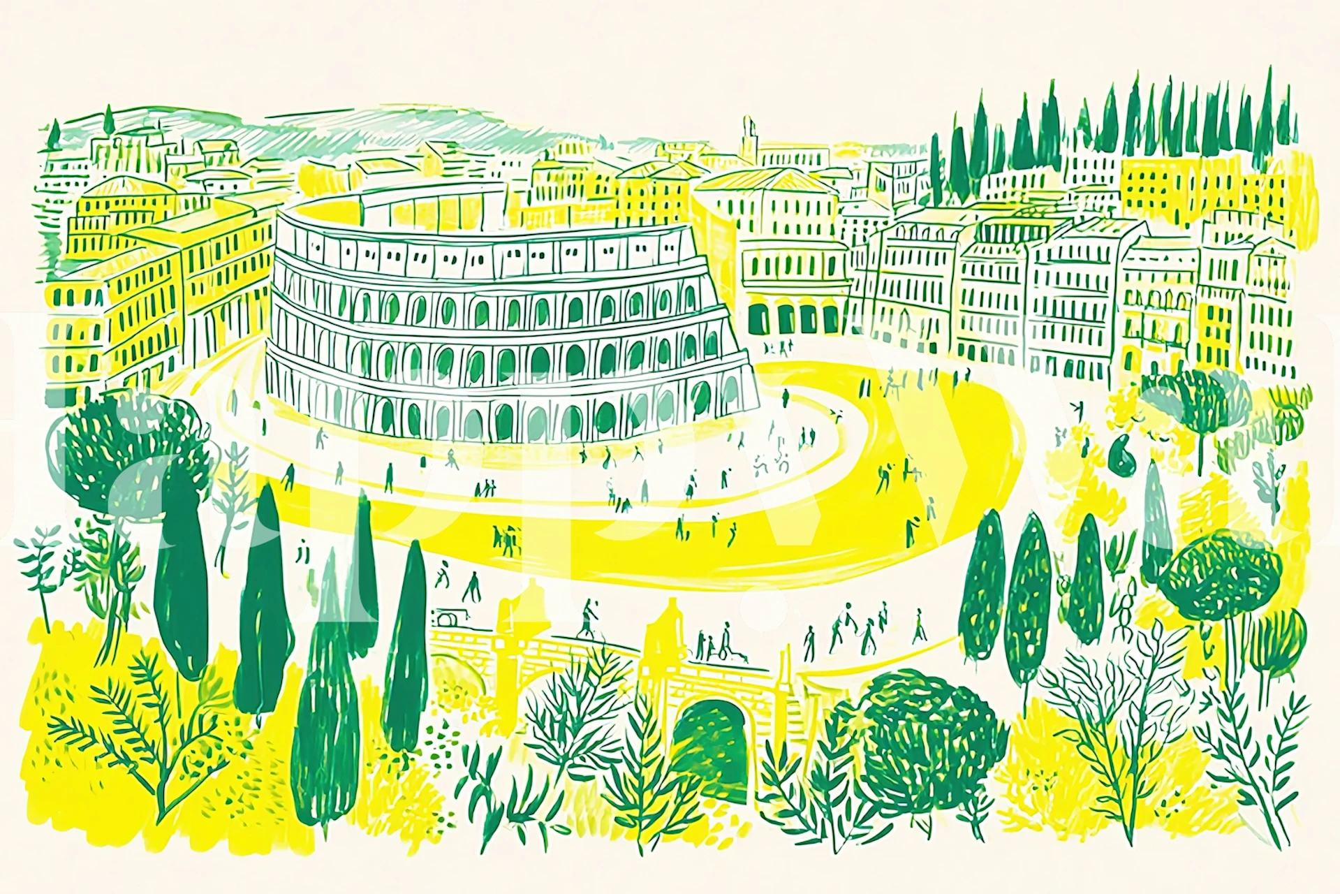 Roman Colosseum illustration in green and yellow wallpaper