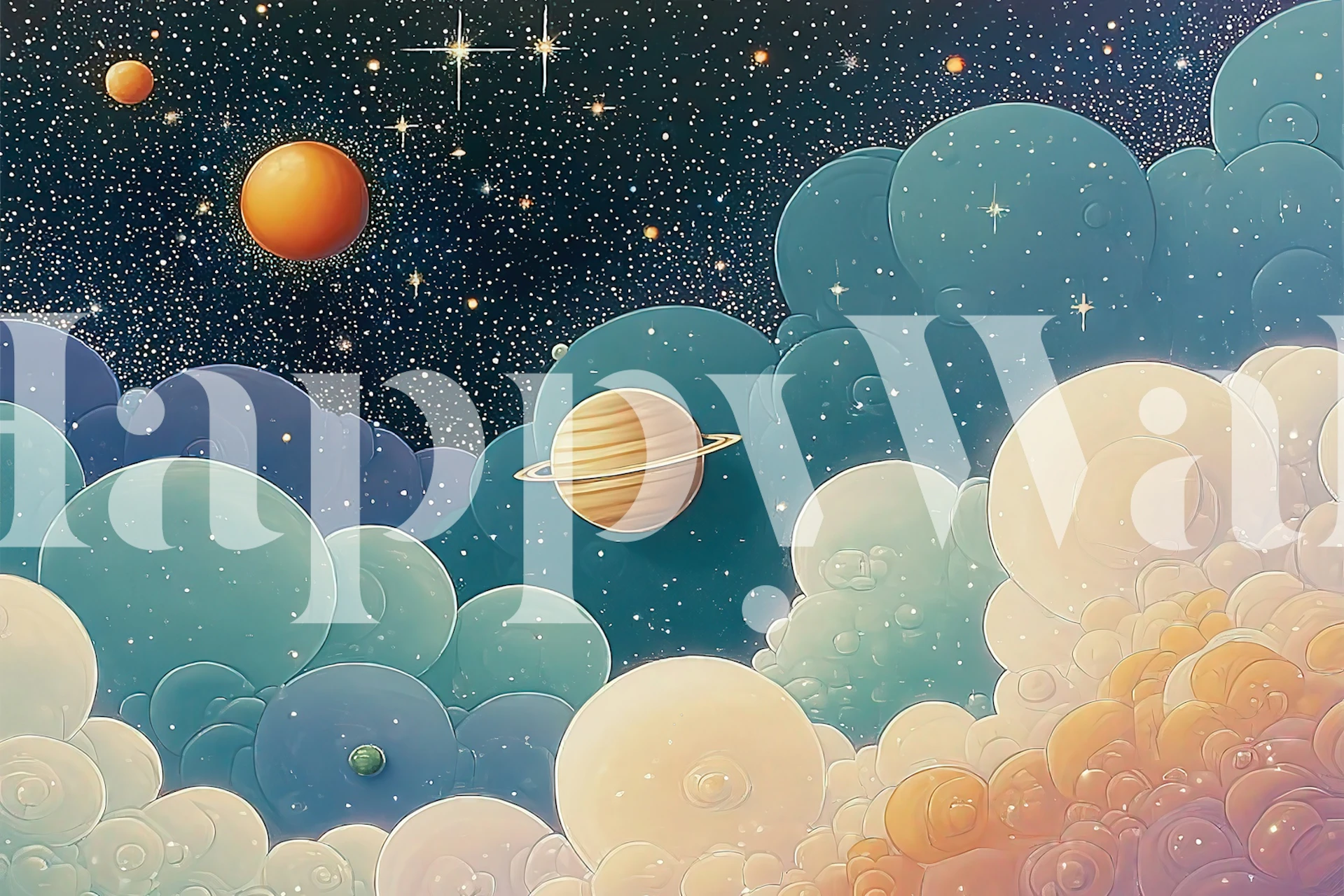 Cosmic cloudy wallpaper displayed in a room