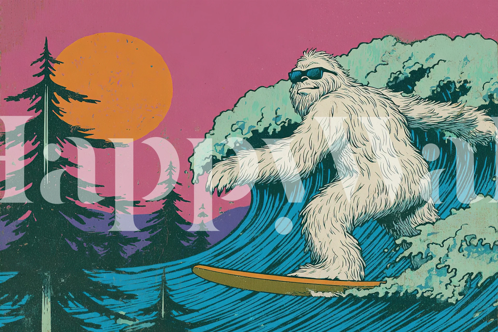 Aloha Yeti surfing on waves with a sunset background and trees in vibrant colors wallpaper