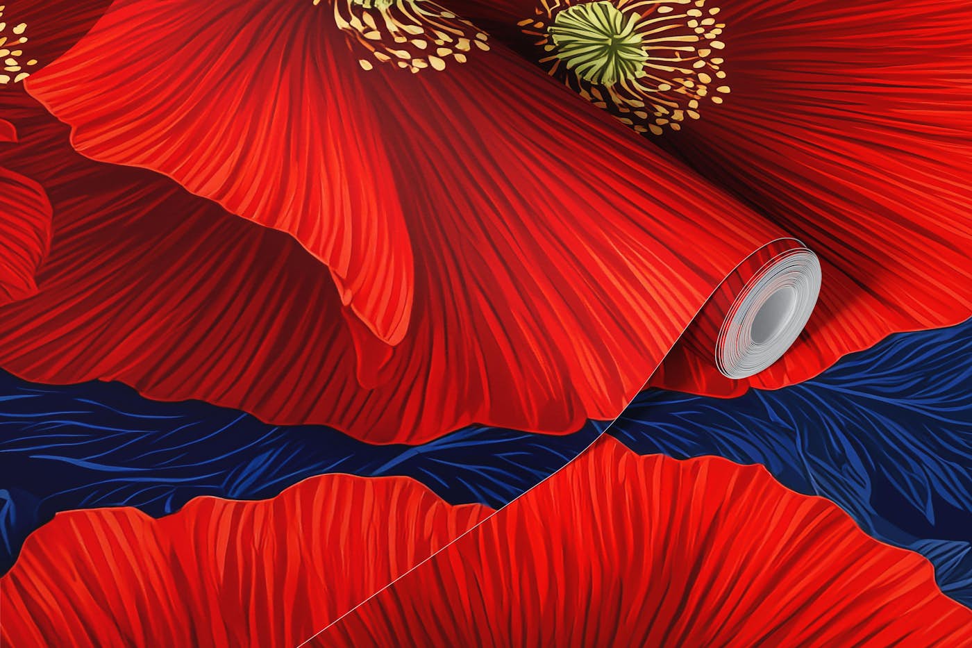 Red Blooms on Blue wallpaper roll