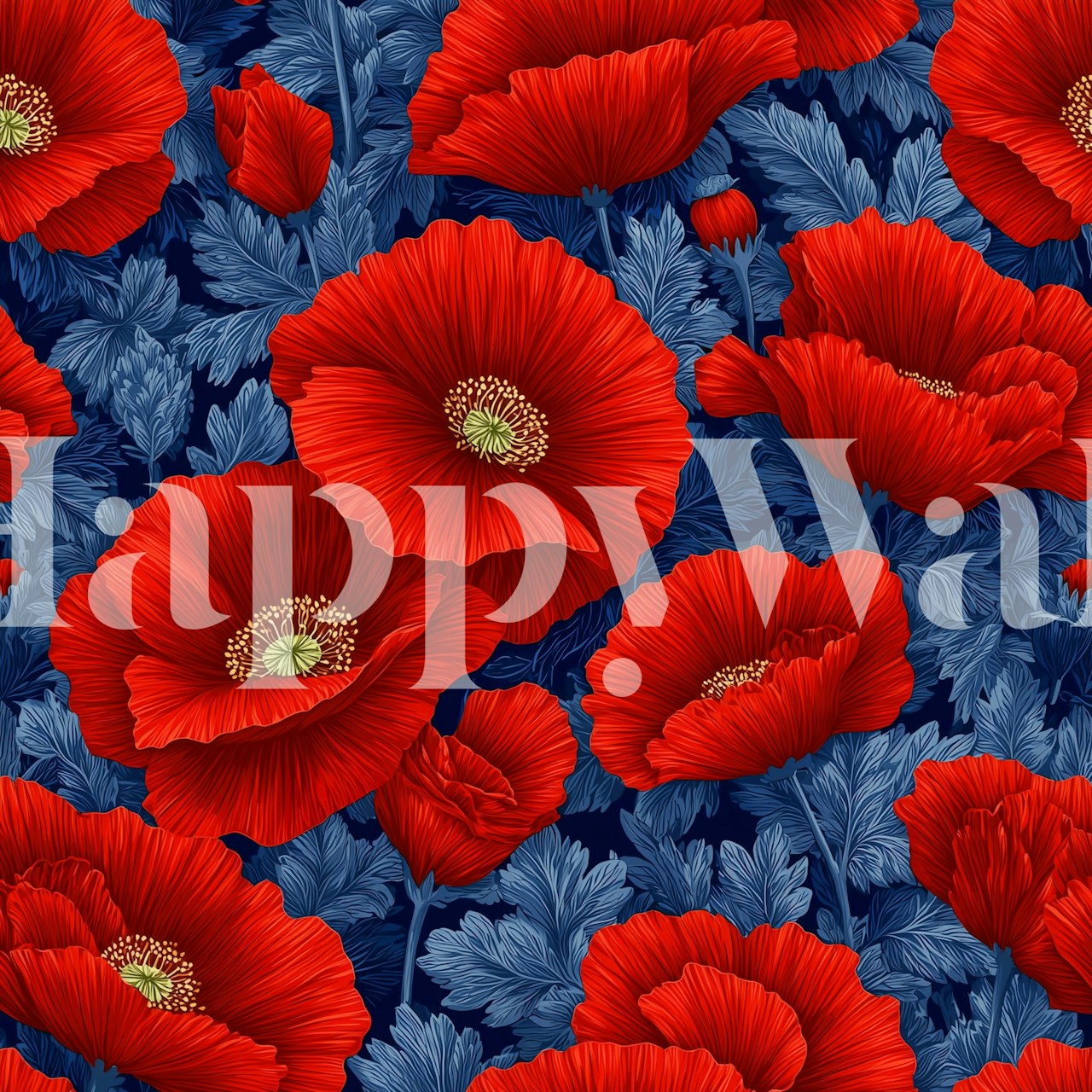 Red Blooms on Blue wallpaper in a room