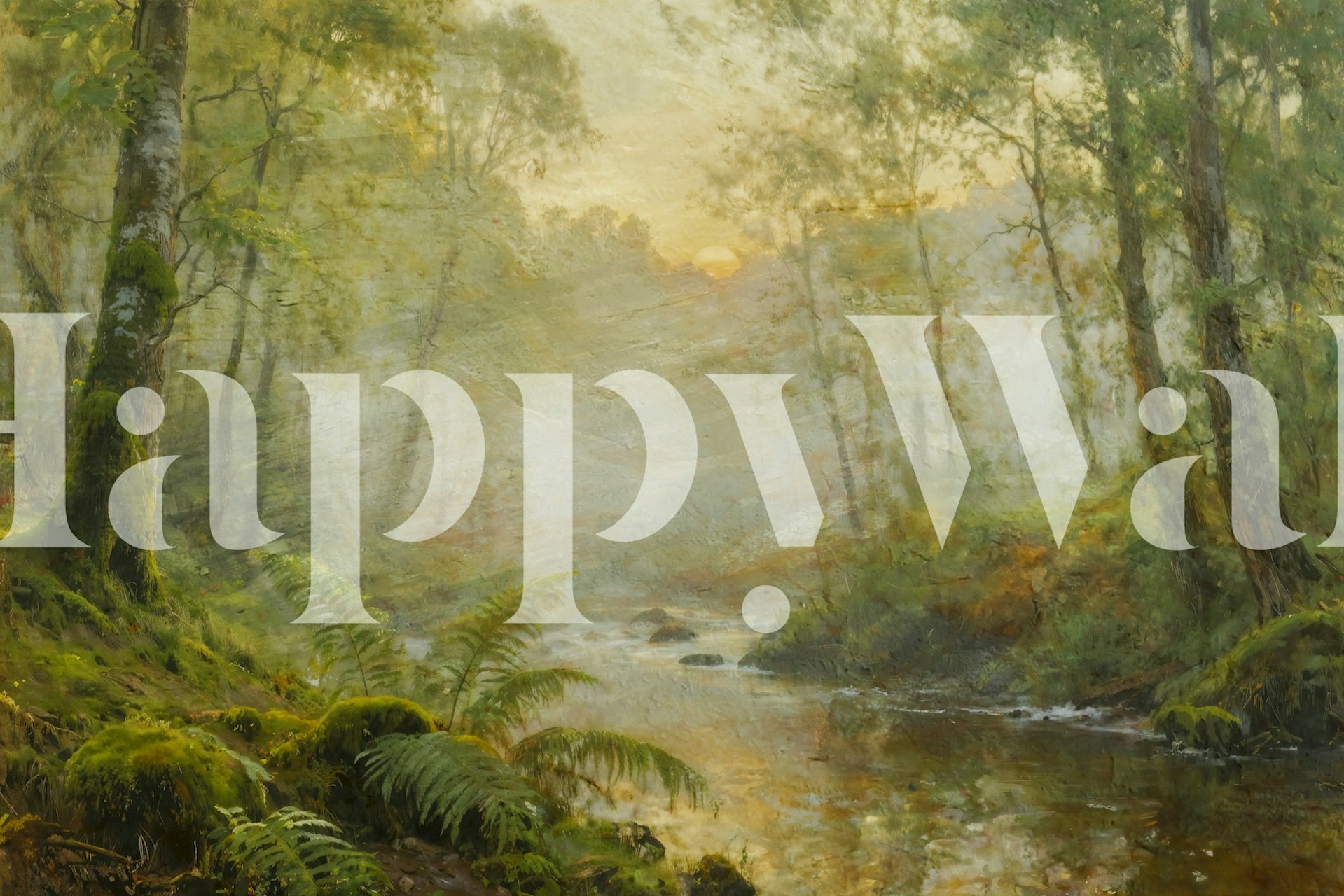 Woodland stream with soft greens and golden sunlight wallpaper