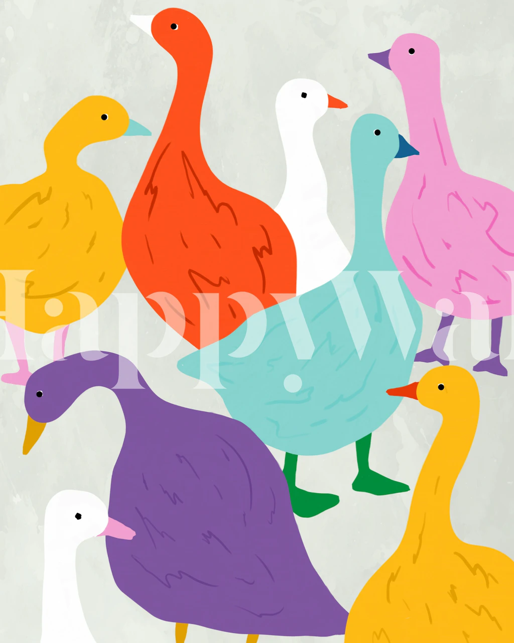 Colorful ducks in various bright colors like yellow, orange, blue, and purple wallpaper