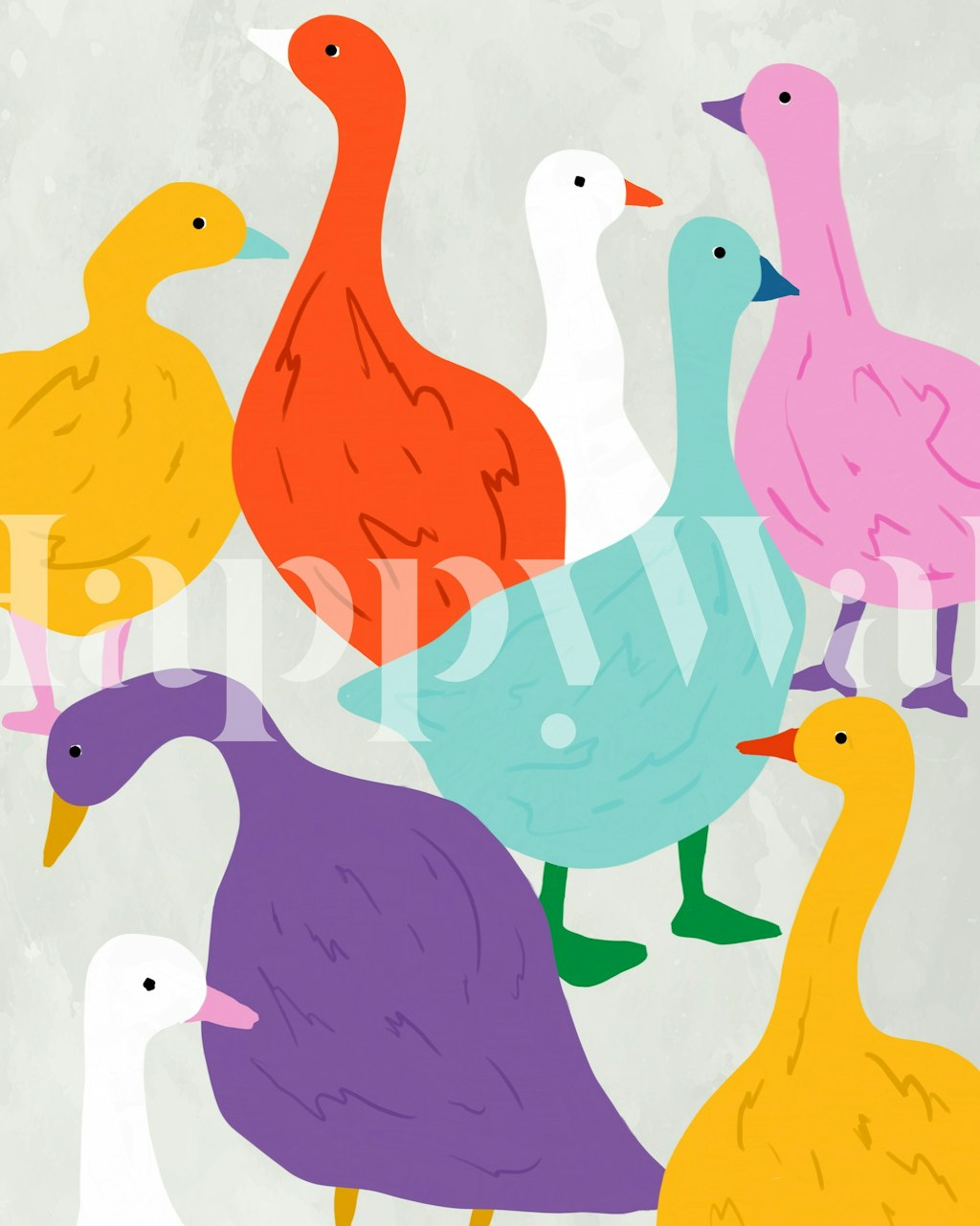 Colorful ducks in various bright colors like yellow, orange, blue, and purple wallpaper