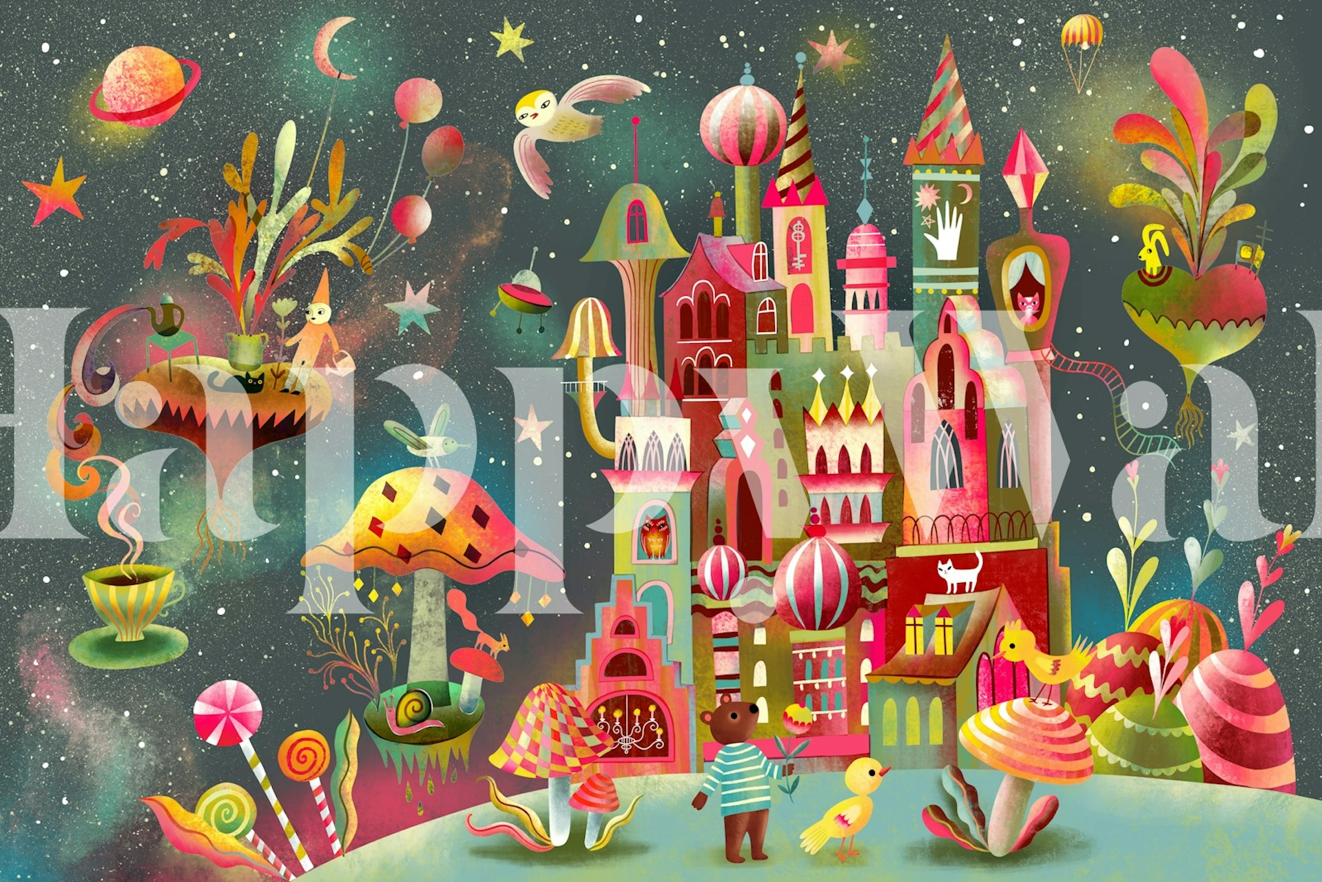 Colorful castle with trees and balloons on dark background wallpaper