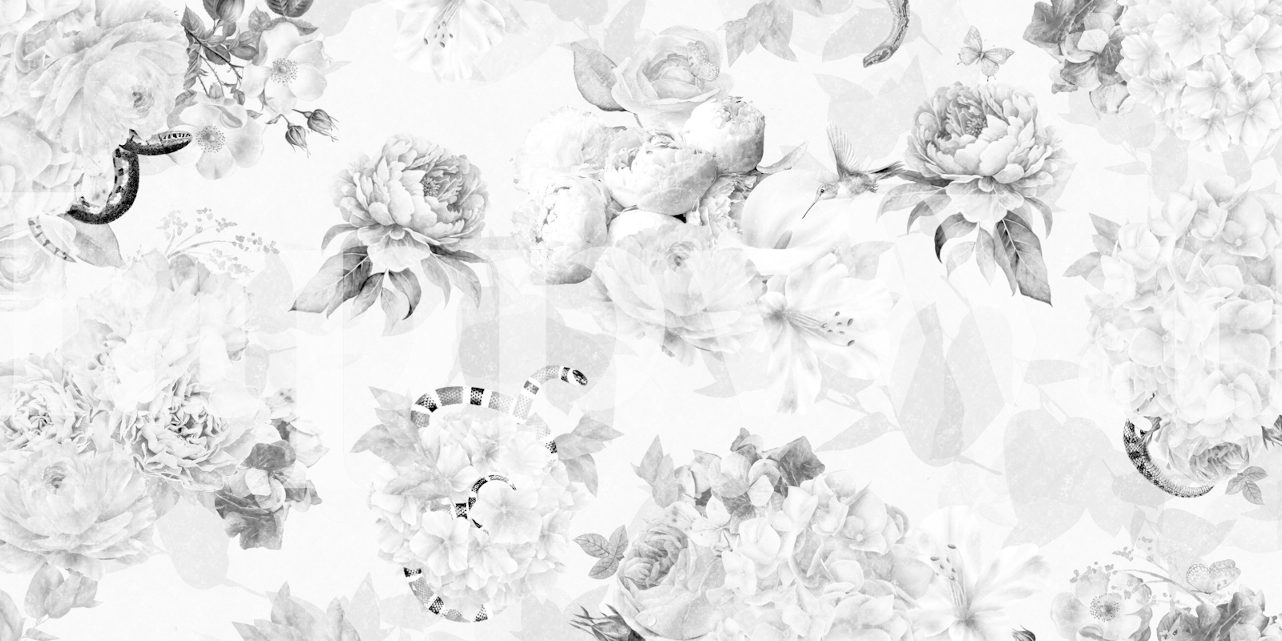 Black and white floral design with large blossoms and abstract elements wallpaper