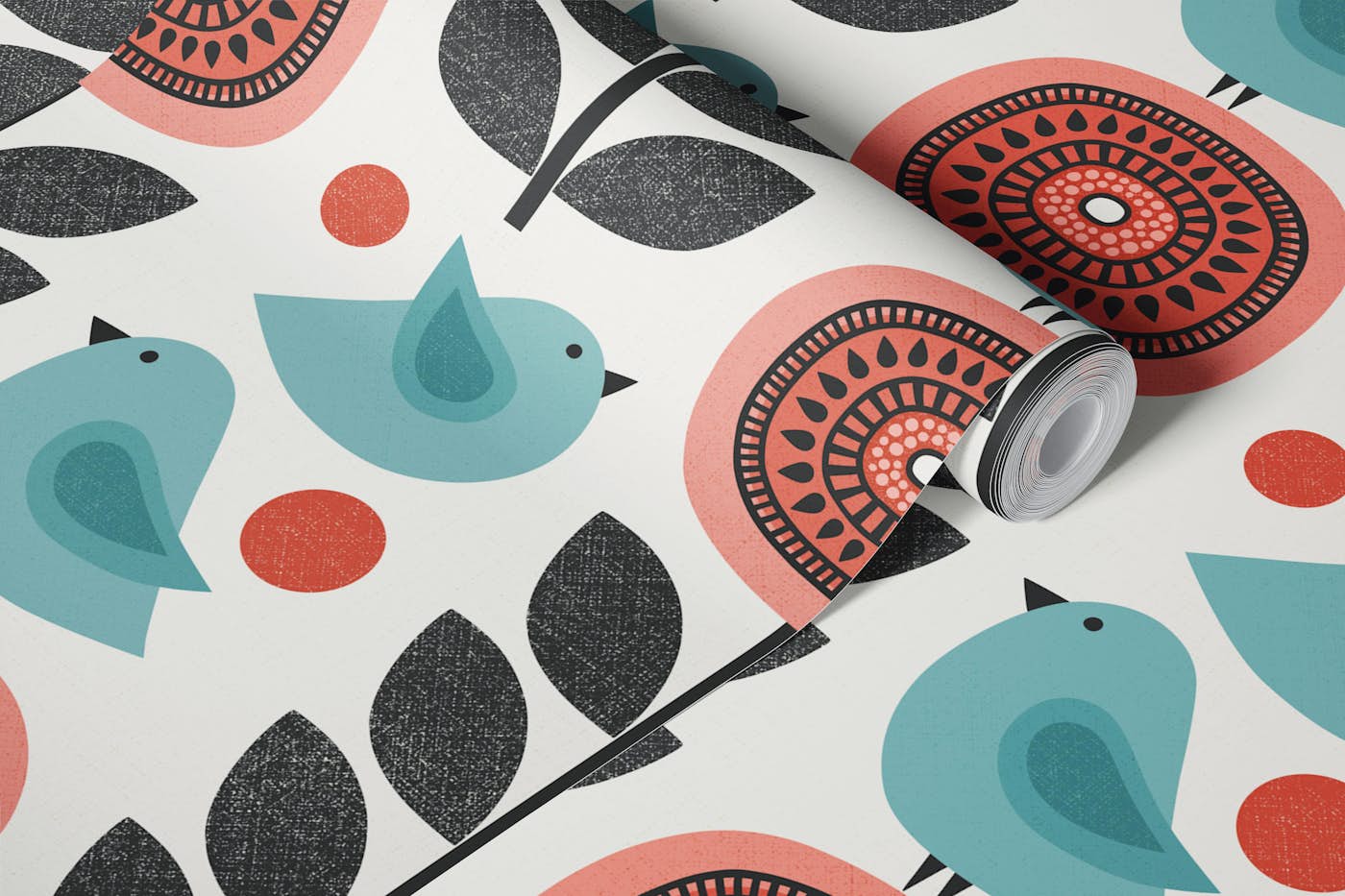 retro flowers and birds - coral pink and blue wallpaper roll