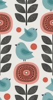 retro flowers and birds - coral pink and blue tapety
